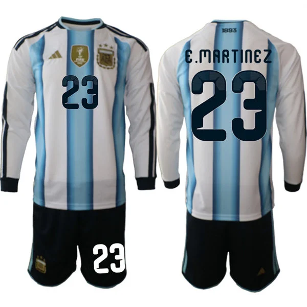 Mens Argentina National Team #23 Emiliano Martinez 2026 FIFA World Cup Soccer Home White Long Sleeve Jersey Kit