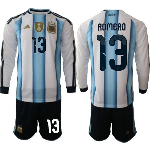 Mens Argentina National Team #13 Cristian Romero Home White 2026 FIFA World Cup Soccer Long Sleeve Jersey Kit
