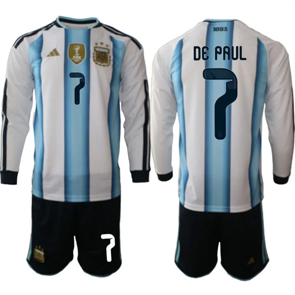 Mens Argentina National Team #7 Rodrigo De Paul Home White 2026 FIFA World Cup Soccer Long Sleeve Jersey Kit