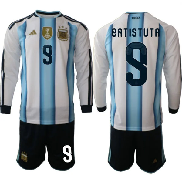 Mens Argentina National Team #9 Gabriel Batistuta 2026 FIFA World Cup Soccer Home White Long Sleeve Jersey Kit