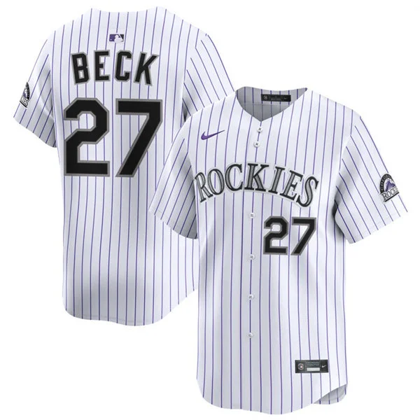 Mens Colorado Rockies #27 Jordan Beck Nike Home White Pinstripe Limited Jersey