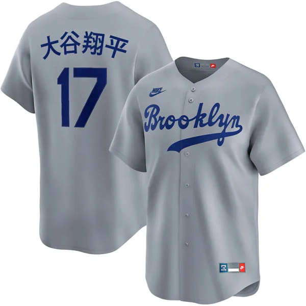 Mens Los Angeles Dodgers #17 Shohei Ohtani Kanji Name Nike Gray Throwback Cooperstown Collection Limited Jersey