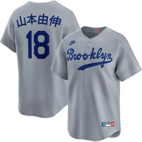 Mens Los Angeles Dodgers #18 Yoshinobu Yamamoto Kanji Name Nike Gray Throwback Cooperstown Collection Limited Jersey