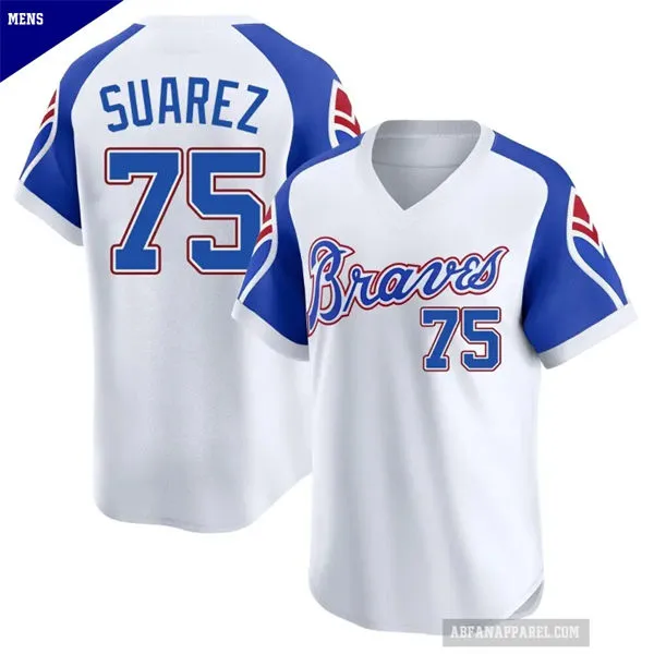 Mens Atlanta Braves #75 Robert Suarez Nike White Pullover Cooperstown Jersey