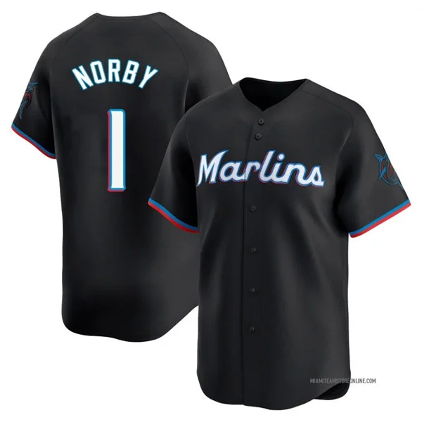 Mens Miami Marlins #1 Connor Norby Nike Black Alternate Limited Jersey