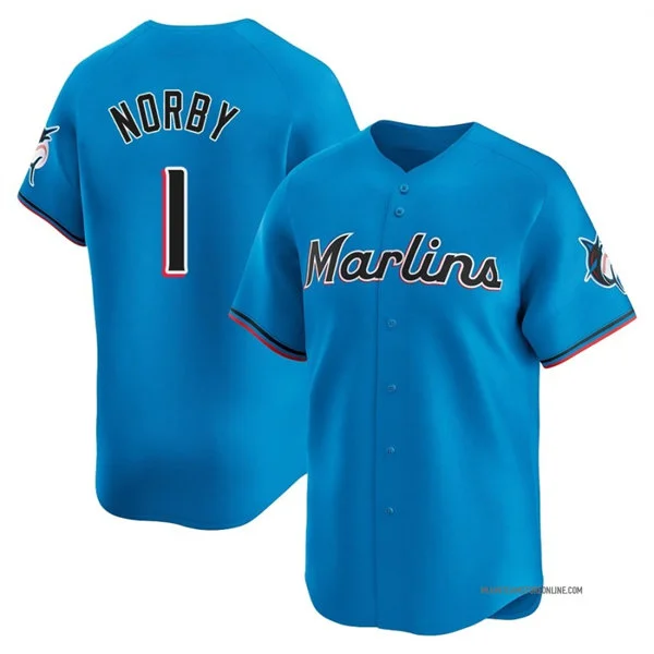 Mens Miami Marlins #1 Connor Norby Nike Blue Alternate Limited Jersey