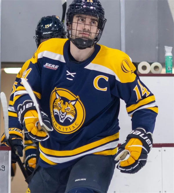 Quinnipiac Bobcats #14 Victor Czerneckianair 2026 Navy Gold Shoulder Hockey Game Jersey
