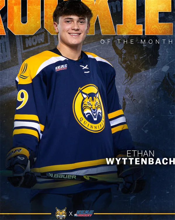 Quinnipiac Bobcats #19 Ethan Wyttenbach 2026 Navy Gold Shoulder Hockey Game Jersey