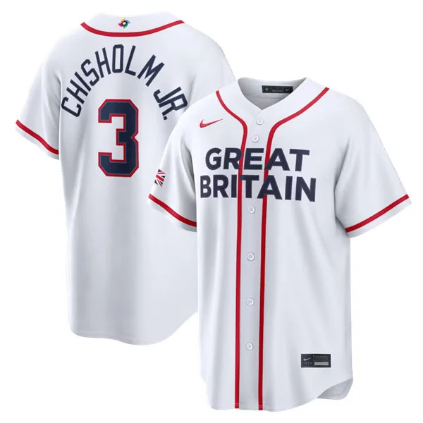 Great Britain Baseball #3 Jazz Chisholm Jr. Nike White 2026 World Baseball Classic Home Stadium Jersey
