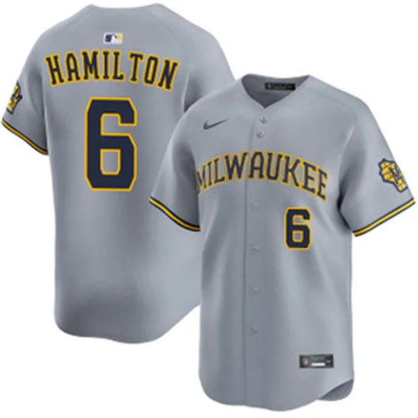 Mens Milwaukee Brewers #6 David Hamilton Nike Gray Road Limited Jersey