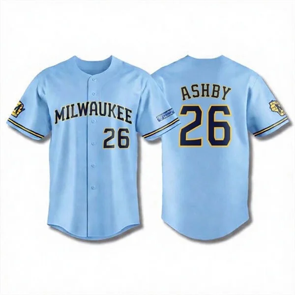 Mens Milwaukee Brewers #26 Aaron Ashby Nike 2026 Light Blue Road Limited Jersey