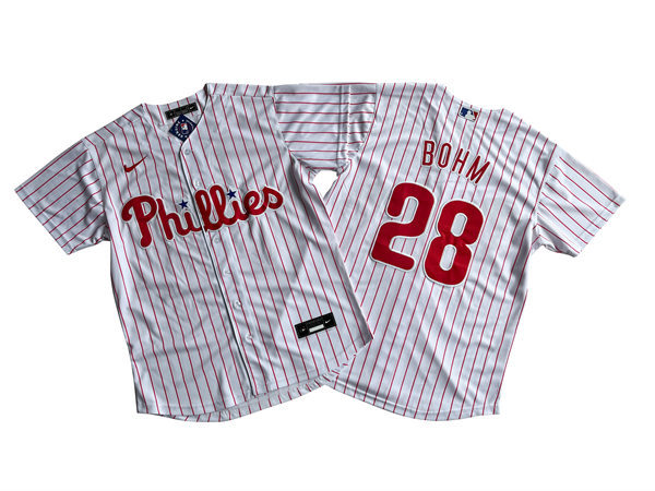Mens Philadelphia Phillies #28 Alec Bohm Nike White Pinstripe Home Limited Player Jersey