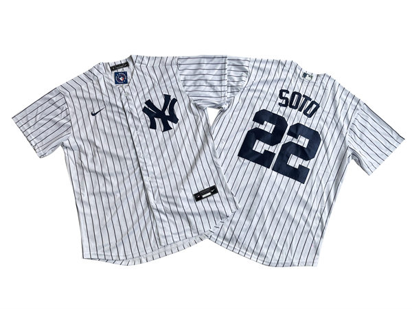Mens New York Yankees #22 Juan Soto White Home with Name Cool Base Jersey