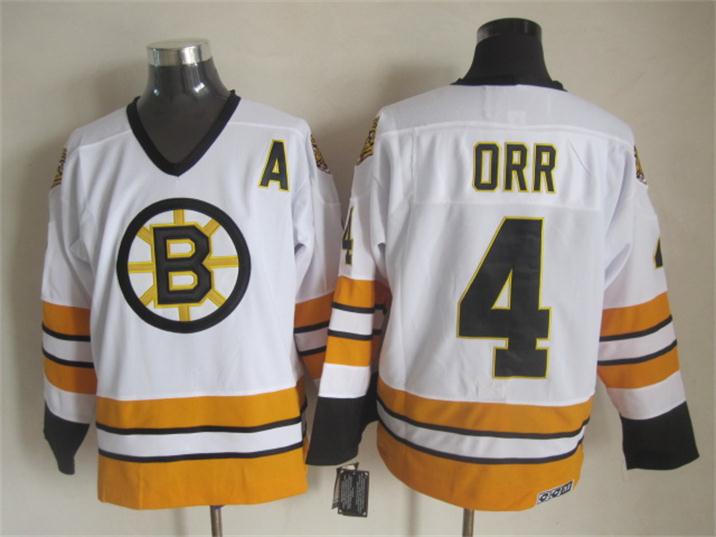 Men's Boston Bruins #4 Bobby Orr 1975 CCM Vintage Throwback White NHL Hockey Jersey