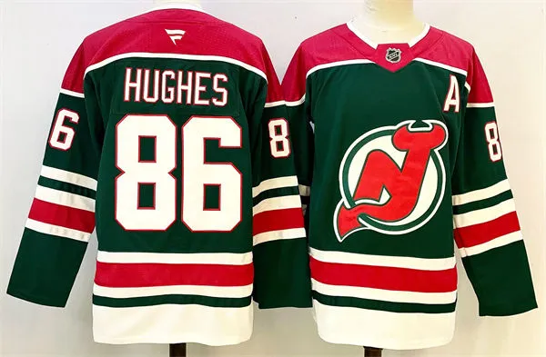 Mens New Jersey Devils #86 Jack Hughes Green Fanatics 2021 Reverse Retro Jersey