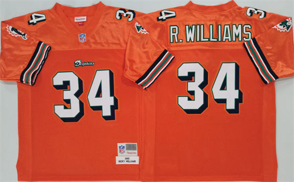Mens Miami Dolphins #34 Ricky Williams Mitchell & Ness 2002 Orange Alternate Throwback Jersey