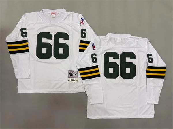 Men's Green Bay Packers #66 Ray Nitschke 1969 White Long-Sleeved Throwback Jersey