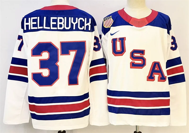 Men's USA #37 Connor Hellebuyck White Away 2026 Olympic Hockey Jersey