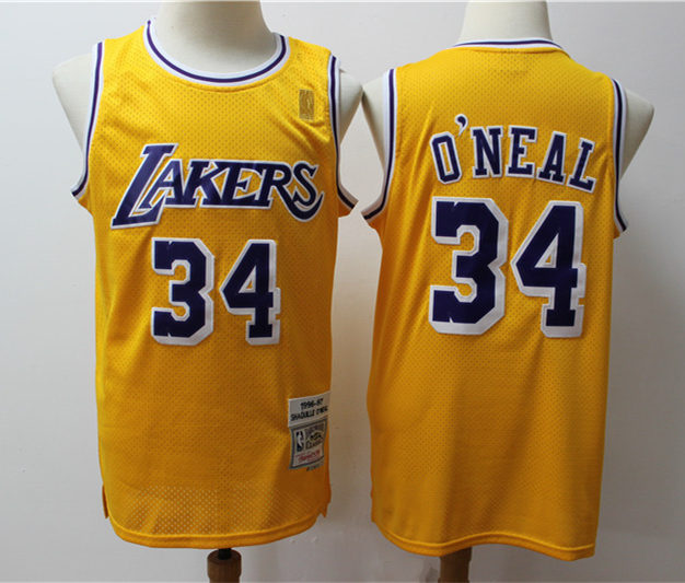 Mens Los Angeles Lakers #34 Shaquille O'Neal 1996-97 Gold  Throwback Jersey