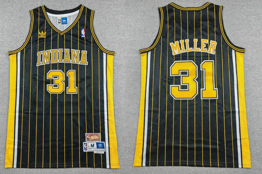 Men's Indiana Pacers #31 Reggie Miller Navy Blue Pinstirpe Throwback Swingman Jersey