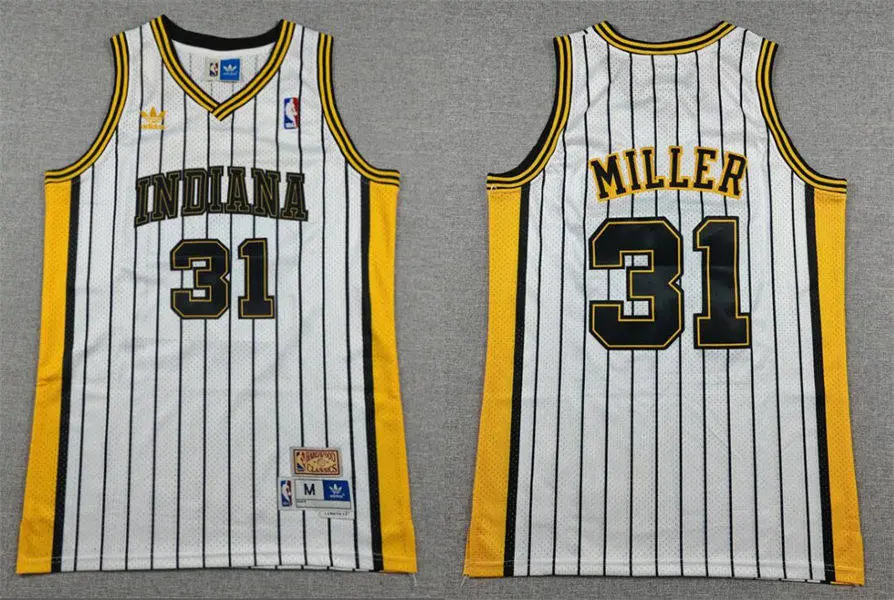Men's Indiana Pacers #31 Reggie Miller White With Pinstripe Throwback Swingman Jersey