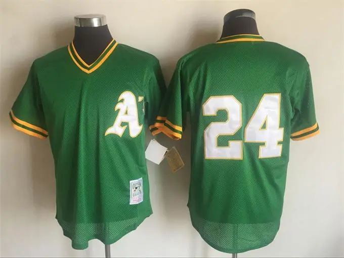 Men's Oakland Athletics #24 Rickey Henderson Mitchell & Ness Green Mesh 1991 Cooperstown Jersey