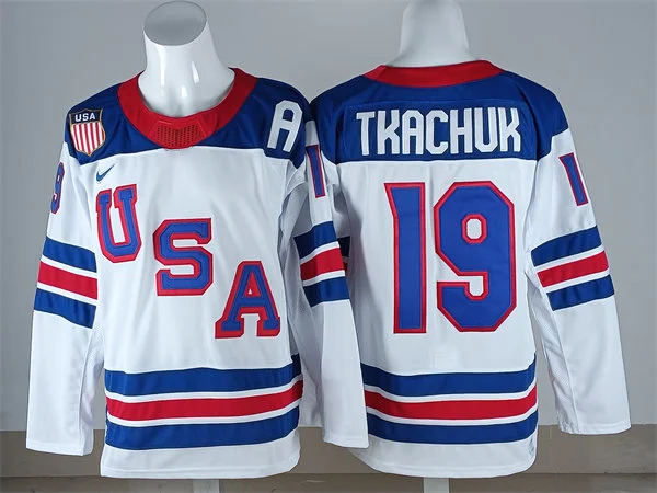 Men's USA #19 Matthew Tkachuk White Away 2026 Olympic Hockey Jersey
