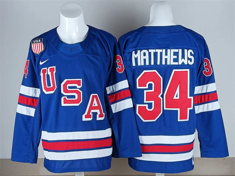 Men's USA #34 Auston Matthews Home Blue 2026 Olympic Hockey Jersey