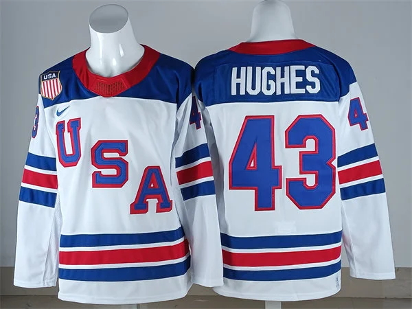 Men's USA #43 Quinn Hughes White Away 2026 Olympic Hockey Jersey