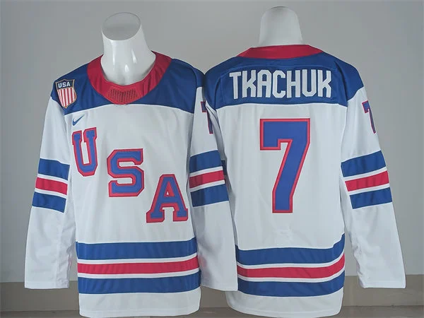 Men's USA #7 Brady Tkachuk White Away 2026 Olympic Hockey Jersey