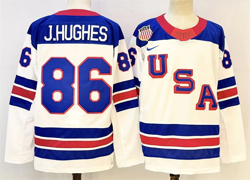 Men's USA #86 Jack Hughes Fanatics White Away 2026 Olympic Hockey Jersey
