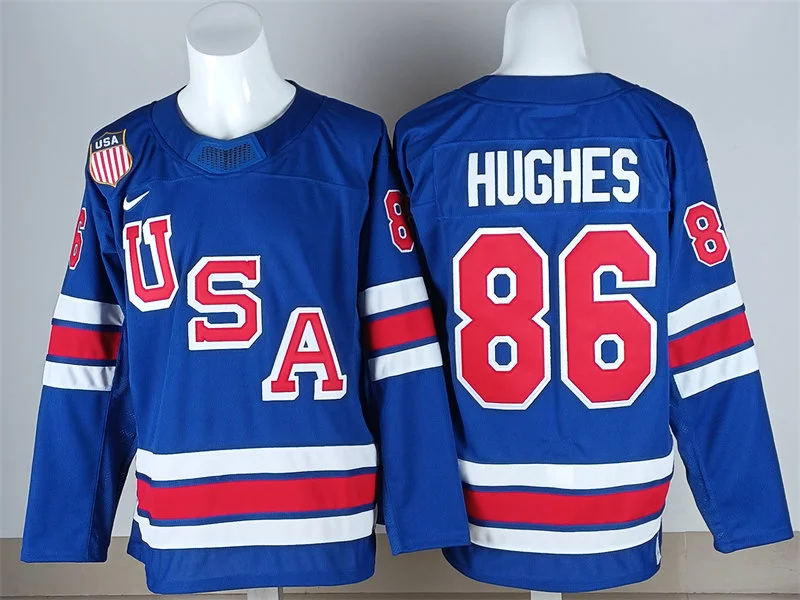Men's USA #86 Jack Hughes Home Blue 2026 Olympic Hockey Jersey
