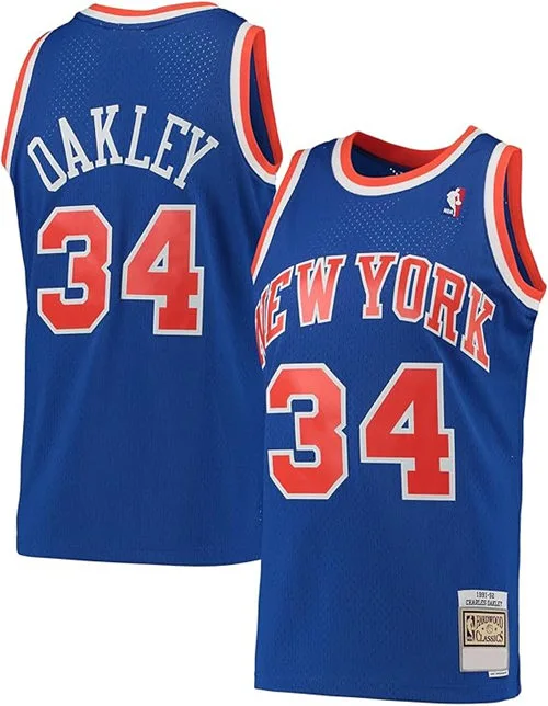 Mens' New York Knicks #34 Charles Oakley Blue 1991-92 Hardwood Classics Throwback Swingman Jersey