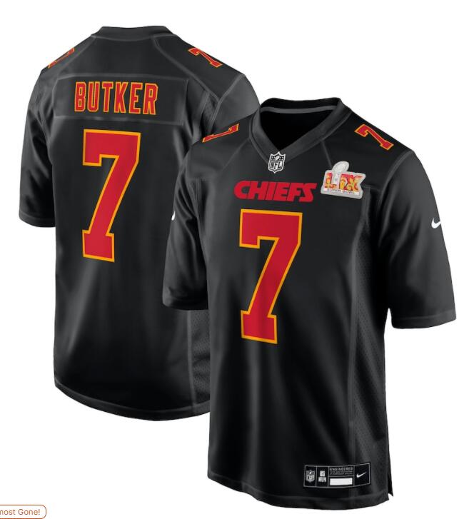 Mens Kansas City Chiefs #7 Harrison Butker Nike Super Bowl LIX Fashion Game Jersey Carbon Black