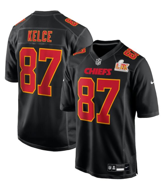 Mens Kansas City Chiefs #87 Travis Kelce Nike Super Bowl LIX Fashion Game Jersey Carbon Black