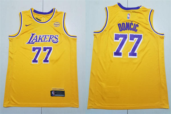 Mens Los Angeles Lakers #77 Luka Doncic Gold Icon Edition Jersey