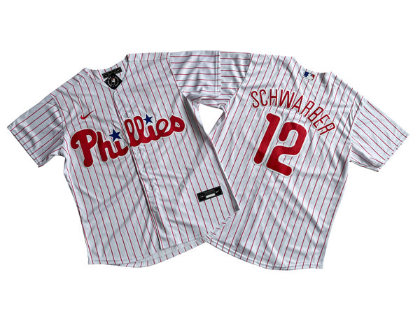 Mens Philadelphia Phillies #12 Kyle Schwarber Nike White Pinstripe Home Limited Player Jersey