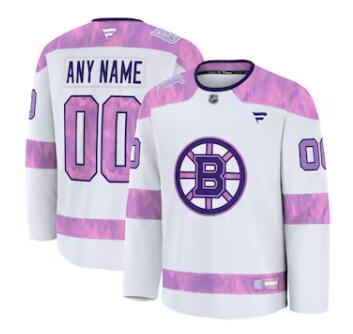 Mens Boston Bruins Custom Stitched Fanatics White 2024 Hockey Fights Cancer Practice Jersey