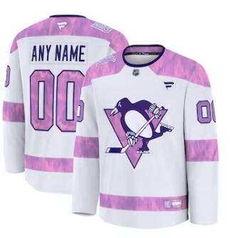 Mens Pittsburgh Penguins Custom Fanatics White 2024 Hockey Fights Cancer Practice Jersey