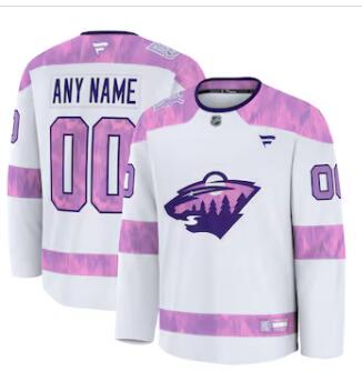Mens Minnesota Wild Custom Fanatics White 2024 Hockey Fights Cancer Practice Jersey