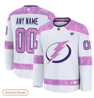 Mens Tampa Bay Lightning Custom Fanatics White 2024 Hockey Fights Cancer Practice Jersey
