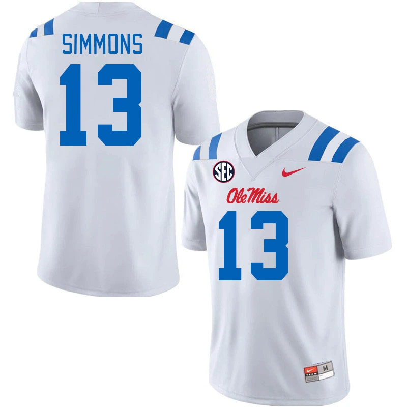 Ole Miss Rebels #13 Austin Simmons White Blue College Football Game Jersey