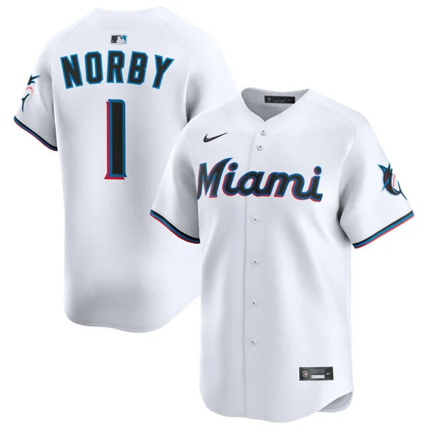 Mens Miami Marlins #1 Connor Norby White Home Limited Jersey