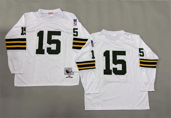 Men's Green Bay Packers #15 Bart Starr Green 1969 White Long-Sleeved Throwback Jersey