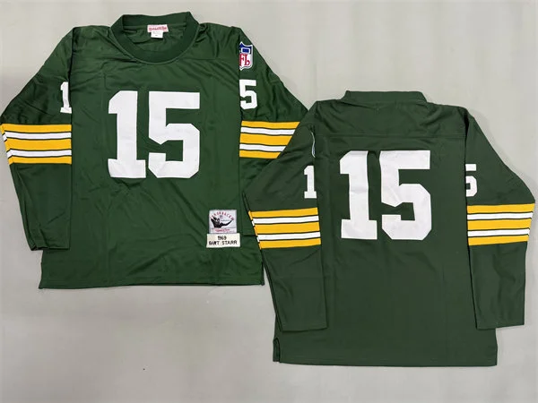 Men's Green Bay Packers #15 Bart Starr Green 1969 Green Long-Sleeved Throwback Jersey