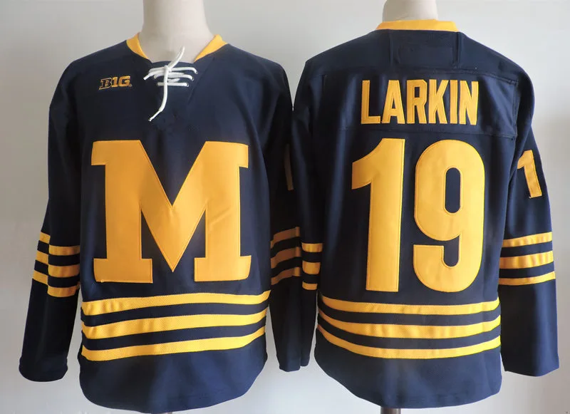 Men's Michigan Wolverines #19 DYLAN LARKIN Reebok Navy Blue College Hockey Jersey