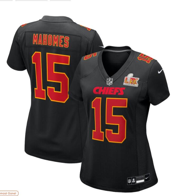 Womens Kansas City Chiefs #15 Patrick Mahomes Nike Super Bowl LIX Fashion Game Jersey Carbon Black