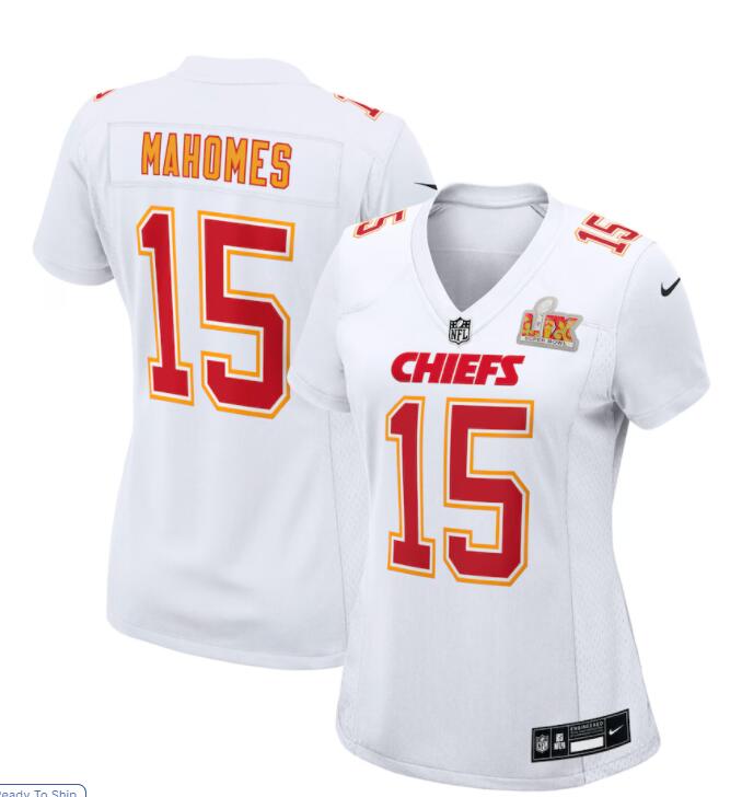 Womens Kansas City Chiefs #15 Patrick Mahomes Nike Super Bowl LIX Fashion Game Jersey Tundra White