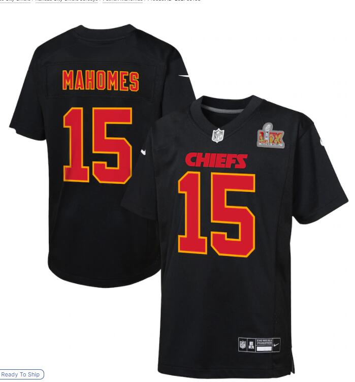 Youth Kansas City Chiefs #15 Patrick Mahomes 2024 Super Bowl LVIII Black Carbon Fashion Game Player Jersey