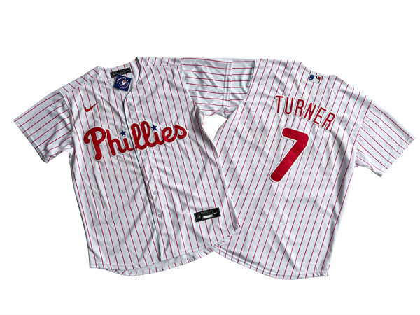 Mens  Philadelphia Phillies #7 Trea Turner Nike White Pinstripe Home Coolbase Jersey